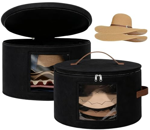 APACALI Paquete de 2 cajas para sombreros con tapas, 42 x 26 cm, caja de almacenamiento redonda para sombreros, cajas plegables con ventana transparente y cremallera de asa para guardar ropa, color