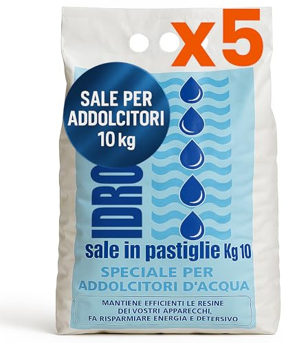Sale per Addolcitore | Ideale per Addolcitori Domestici - Industriali - Caldaie | Sale Addolcitore Acqua in Pastiglie – 5 Sacchi da 10 kg – Rigenera le Resine e Previene il Calcare | Facile da Usare