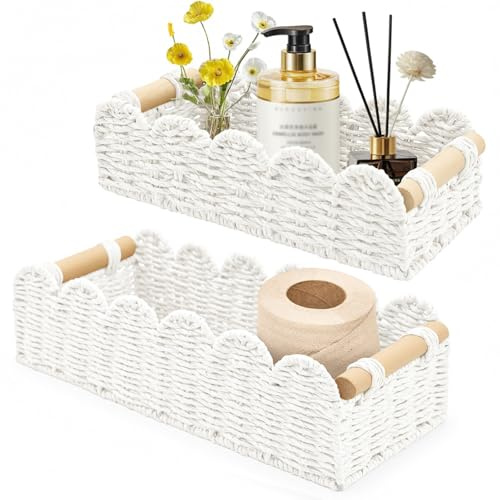 Yiomxhi 2 Piezas Cestas Almacenaje de Mimbre, Cestas Almacenamiento Papel Higiénico Tejidas con Asas de Madera, Cajas Organizadora Decoración Mesa para Cocina, Baño, Oficina, Salón (Blanco)
