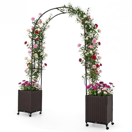 COSTWAY Blomlåda med spaljé, 230 cm hög, 2 i 1 rosbåge med 2 planteringslådor, trädgårdsbåge på hjul, metall & PP-rattan, ranklåda med spaljé & självbevattning för klätterväxter
