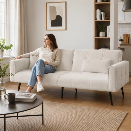 Calivra Sofá cama de 3 plazas futón de pana para salón y espacios pequeños (beige)