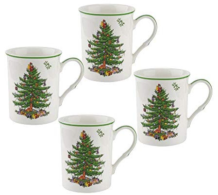 Spode Christmas Tree Set of 4 Mugs, White, Green