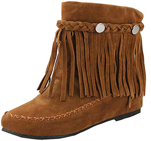 Birdsight Mode Bottines Indiennes Femme Bottes Neige Cheville Courtes Hiver Ankle Talon Plat Chaussures avec Franges Daim Chaud Bootie Chunky Heels Winter(Marron,40)