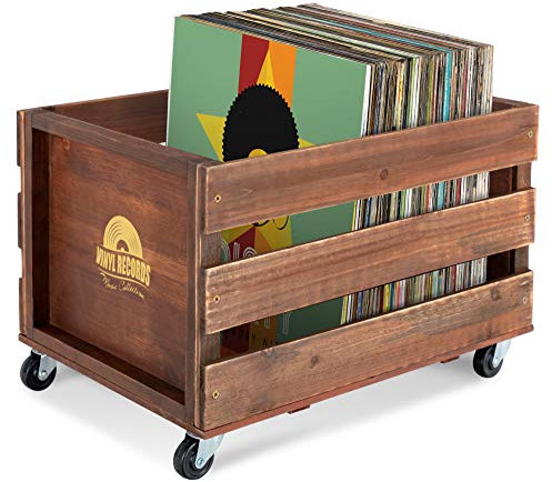 Stagecaptain SPK-100 BN Schallplattenkiste “Emil” - Aufbewahrungsbox für bis zu 100 LPs - aus Vollholz im Retro-Design - 4 lenkbare Rollen - auch für vieles andere bis 25 kg verwendbar - Braun