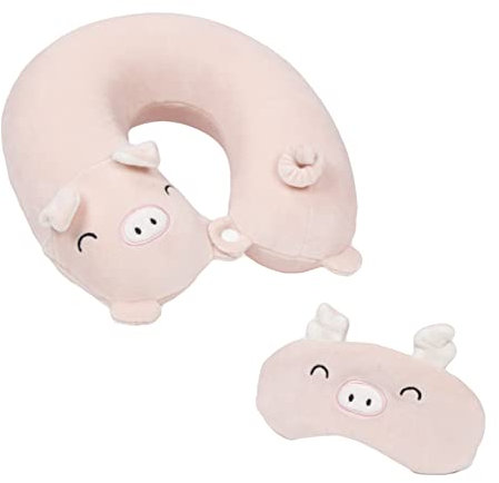 EXQULEG Nackenkissen mit Schlafmaske, Kinder Nackenhörnchen Reisekissen Niedliche Tierform Nackenstützkissen für Kinder und Erwachsene, Reisen im Auto Flugzeug Zug (Rosa Schwein)