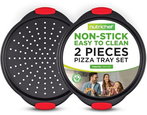 NutriChef Set da 2 Teglie da Forno Antiaderenti per Pizza da 33 cm, Teglie Forno Rotonde in Acciaio al Carbonio con Fori Perforati, Teglia per Pizza con Manici in Silicone, Lavabili in Lavastoviglie