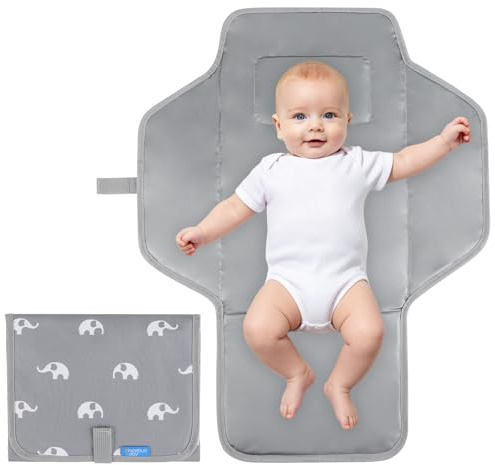 PHOEBUS BABY Portable Changing Mat Travel - Waterproof Compact Diaper Changing Pad with Built-in Pillow - Lightweight & Foldable Changing Station, Newborn Shower Gifts(Cute Elephant)