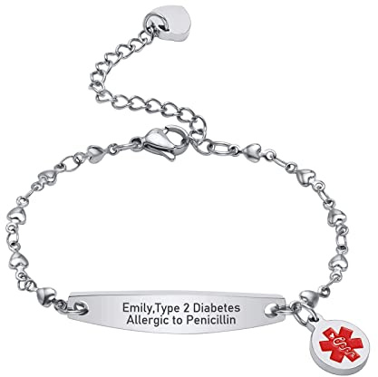 VNOX Emergency Medical Bracelet for Women Personalized Stainless Steel Heart ID Bangle Link Charm Free Engraving Name Identification Jewelry Silver Medical Alert Bracelets for Ladies Girls
