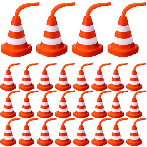 Sawysine 24 Pack Construction Cone Cups with Straws Bulk, Traffic Cones Party Favor 10 oz Plastic Reusable Kids Race Cups Set for Construction Traffic Theme Racing Car Birthday Party Supplies