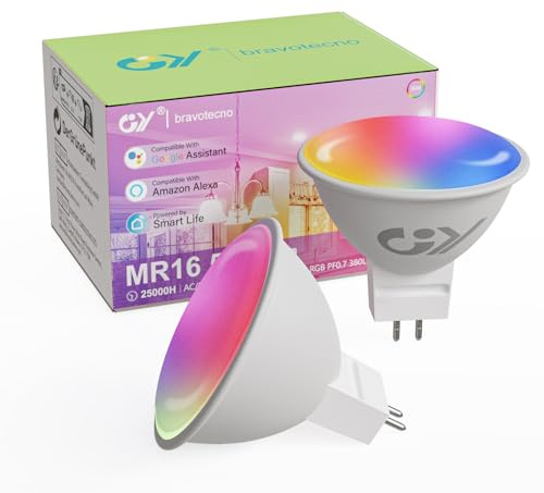 GY Lampadina WiFi Smart LED MR16, 5W lampadine a GU5.3 casa intelligente 380LM,Multicolore RGBCW dimmerabile bulbo, applicazione di controllo 2700k-6500k, Compatibile con Alexa/Google home, 2 pezzi