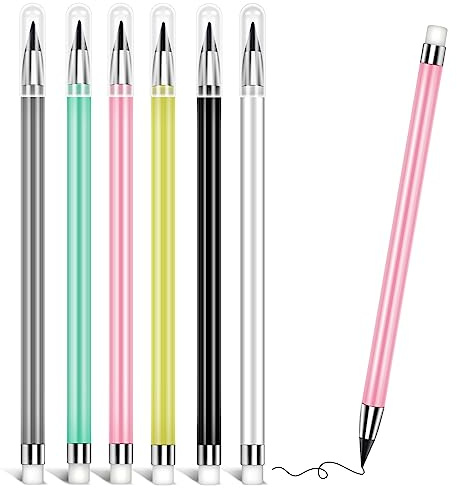 Skaaisont Crayon Sans Encre avec Gomme, Portable 6PCS Metal Pencil Réutilisables, Crayon Nib Remplaçable pour le Bureau et l'Etude