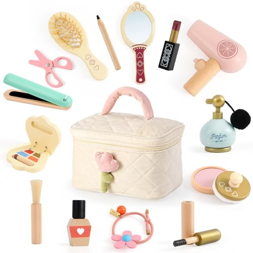 Atoylink Wooden Makeup Toy Set, 15Pcs Hair Salon Girl Toys Toddler Pretend Play Makeup Kit with Plush Makeup Bag Princess Beauty Realistic Accessories for Girls Age 3 4 5 6 Birthday Gifts