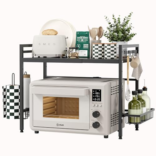 NETEL allungabile mensola microonde a 2 Livelli,supporto microonde salvaspazio Con porta fazzoletti e cestino portaoggetti,scaffale da cucina，Organizzatore di Stoccaggio per Cucina con 8 Ganci, Nero