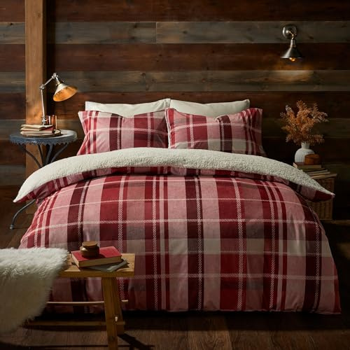 Fusion Red Checkered Fleece Duvet Cover – Single Size (140 x 200cm) – Reversible Burgundy Tartan Bedding with White Teddy Fleece – Soft Flannelette Quilt Set with Cosy Winter Feel