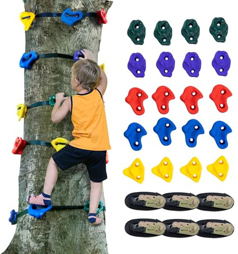 VEVOR Ninja-trädklättringssats, 20 trädklättringsgrepp och 6 spärrremmar, stora klättringsstenar för barn och vuxna klättrare och former, för utomhus Ninja Warrior-hinderträning