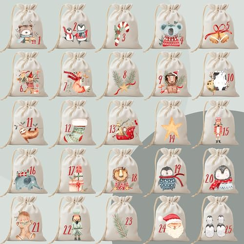 Calendrier de l'Avent à remplir soi-même, 25 autocollants à repasser avec sacs, différents motifs d'hiver et chiffres (images à repasser uniquement)