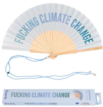 Fisura – Ventaglio in legno originale con messaggio “f*cking climate change”. Accessorio moderno e colorato, ventaglio a mano blu con gancio pratico. Dimensioni: 42,5 x 23 cm