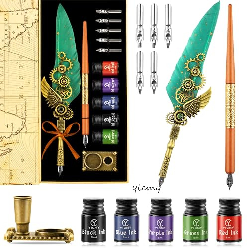 YICMY Feather Pen and Ink Set Calligraphy Kit for Beginners with Quill Pen, Antique Vintage Stationary Set for Writing, Signing & Hand Lettering Art(Green feather)