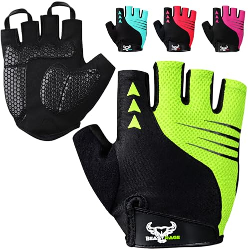 BEAST RAGE Guantes de Ciclismo de Medio Dedo para Hombres y Mujeres – Guantes de Bicicleta Acolchados, Transpirables, Antideslizantes, sin Dedos, Guantes de Bicicleta de Carretera (Loro, S)