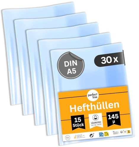 perfect line 450 Hefthüllen DIN-A5, Glas-Klar & Extra-Stark, Heftumschlag transparent, Heftschoner aus recyclebarem PP, dokumentenecht (30 Sets á 15 Stk.)