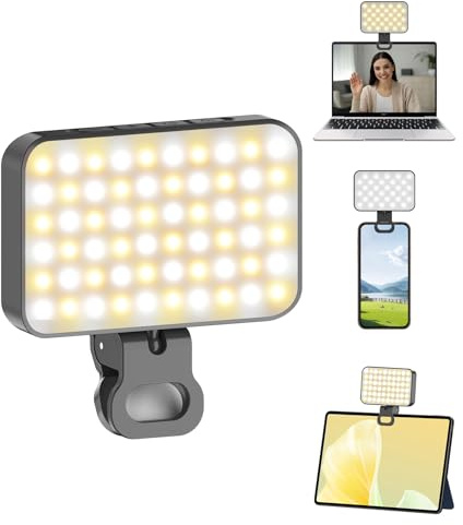 TONEOF Luz Portátil, Luz Selfie Recargable 2000mAh con Clip Giratorio de 360°, Ajuste de Estudio en 10 Niveles, Luz Movil para Videollamadas/Estudio Fotografía/Maquillaje/TikTok/Zoom-Negra