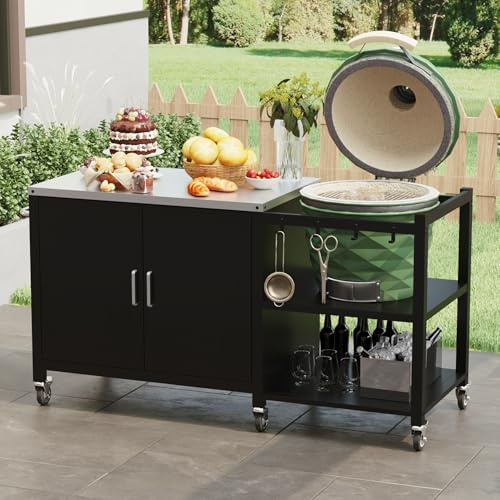 PREMTURE Outdoor Grill Dining Cart On Wheels, Movable Pizza Oven Stand with Stainless Steel Top & Side Handle, Multifunctional Food Prep Table BBQ Trolley with 4 Hooks for Patio Backyard Garden