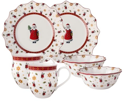 Villeroy & Boch - Toy's Delight Breakfast Set for 2 Santa 6 Pieces Multicoloured, Christmas, Crockery Set with Breakfast Plates, Cups and Bowls, Christmas Dishes, Premium Porcelain