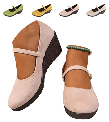 Zapatos Mary Jane de tacón de cuña para mujer, zapatos de cuña de bailarina de punta redonda para damas, de ante suave, elegantes, zapatos de ballet para vestir, trabajo diario, Pink, 37 EU