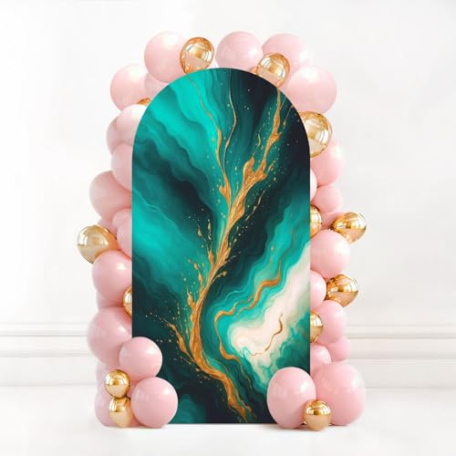 6.6FT Wedding Arch Backdrop Cover Pastel cyan mint liquid marble watercolor gold lines brush stains Teal Spandex Fitted Fabric Round Top Stretchy Stand Covers for Baby Shower Birthday Party Decoration