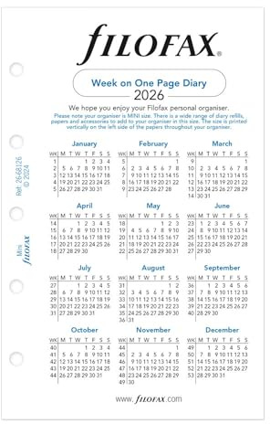 Filofax Recambio de agenda de calendario, tamaño mini, semana en una página, papel blanco, sin rayas, inglés, 2026 (C68126-26)