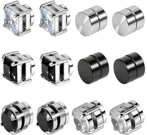 6 Pairs Magnetic Earrings for Men Women, Round Cubic Zirconia Magnet Earrings Set, Non-Pierced Magnetic Stud Earrings for Women Men Girls Boys Birthdays Anniversaries Christmas
