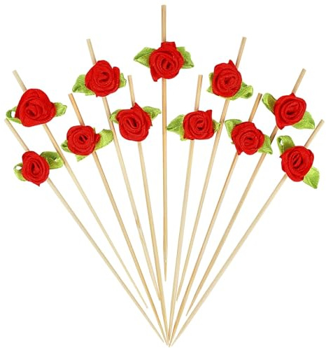 LQTSLFM Brochetas de Cóctel de Flores, 100 PCS Palillos de Dientes para San Valentín, Cocktail Flores Decoraciones, Decoración de Cócteles para Celebraciones Familiares, Cafeterías y Bares (Rojo)