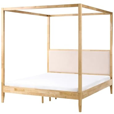 Beliani Cama con Dosel Minimalista de Madera 160 x 200 cm cabecero tapizado Beige marrón Claro Haillicourt