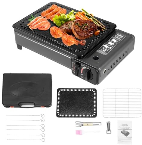 Bärbar gasgrill med grillgaller och bakplåt, gasgrill, liten, justerbar låga, bärbar gasspis, camping, grillset, campingkök, butan/LPG-anslutning för trädgård, balkong, terrass