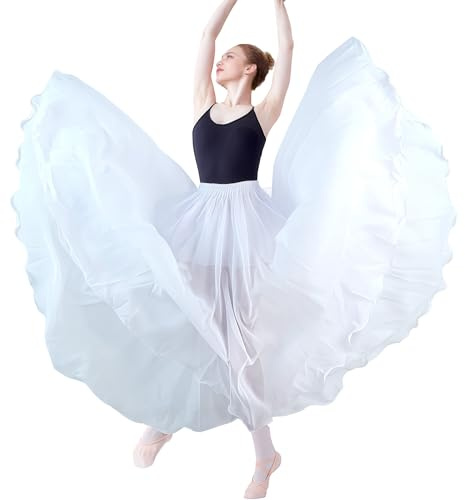 MUNAFIE Women's Chiffon Flowy Skirts Belly Ballet Dancing Long Maxi Skirt Flamenco Performance Skirt White