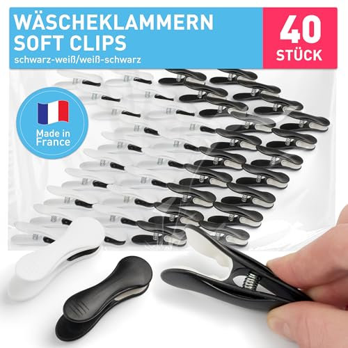 culiclean Pince a Linge Soft Clips – Pinces à Linge – Epingle a Linge – Fabriqué en France – 68mm x 22mm – Noir-Blanc/Blanc-Noir – Lot de 40 Pièces