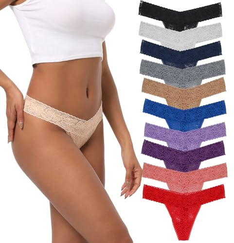 Deigecil Pack Of 10 Sexy Lace Women Thong Underwear Soft Comfortable Low Waist Women knickers Plus Size, Assorted Lace Pattern and Colors