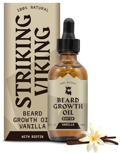 Striking Viking Bartwuchsöl mit Biotin - Verdickendes und pflegendes Bartöl für Bartwuchs - natürliches Bartserum für das Wachstum der Gesichtsbehaarung für Männer Vanille, 2 Fl Oz (Packung mit 1)