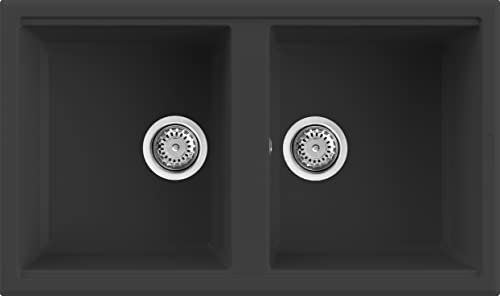 Evhoc Lavello Cucina Sopratop ADHOC M, 2 Vasche, Lavandino Doppia Vasca in Kuarzite, Piletta Inclusa, Made in Italy, Nero, 86x51 cm