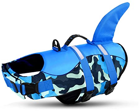 Queenmore Dog Life Jackets, Dog Swimming Vest with Rescue Handle, Adjustable Shark Life Vest for Swimming, kayaking, Boating, Reflective Lifejackets for Small Medium Large Dogs, (BlueCamo, L)