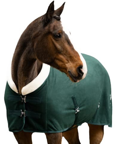 EQUILYX® Abschwitzdecke Pferd mit Teddy-Kragen und abnehmbaren Kreuzgurten [perfekte Passform] Fleecedecke Stalldecke Transportdecke wärmend feuchtigkeitsabsorbierend atmungsaktiv (Opalgrün, 135cm)