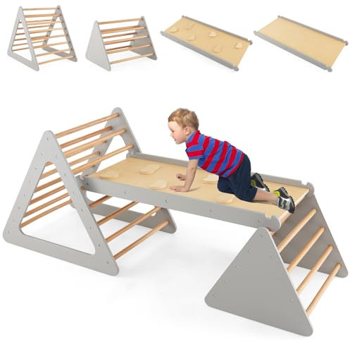 GYMAX 3 in 1 Kids Climbing Set, Wooden Toddler Climber with Reversible Ramp, Outdoor Indoor Children Climbing Frame for 3 Years Old + Boys Girls (Natural+Grey)