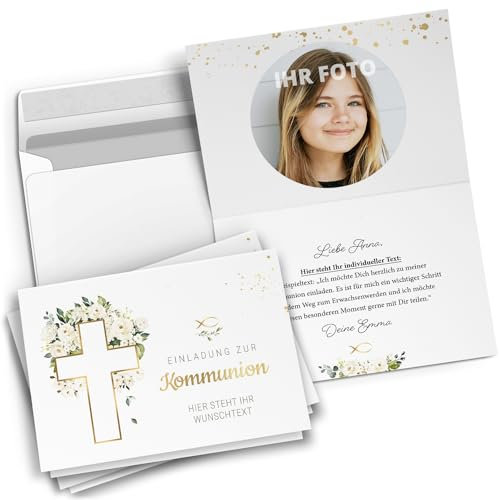 10 personalisierte Kommunion Einladungskarten mit eigenem Text und Foto - Kreuz modern kirchlich - Einladungen zur Kommunion mit Umschlägen Jungen und Mädchen