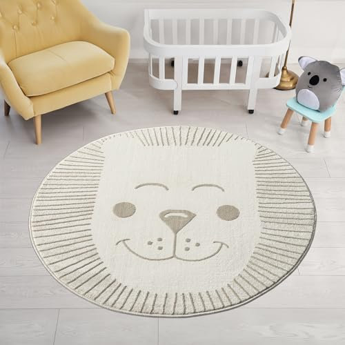 payé Teppich Kinderzimmer Rund - 120x120cm - Pastell Beige Creme - Kurzflor Spielteppich mit niedlichem Löwen Motiv