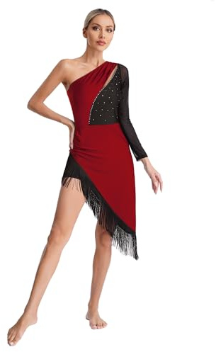 LiiYii - Vestido de baile latino con flecos leotardo danza moderna jazz vestido de un solo hombro con pantalones cortos para espectáculo adulto, borgoña, S