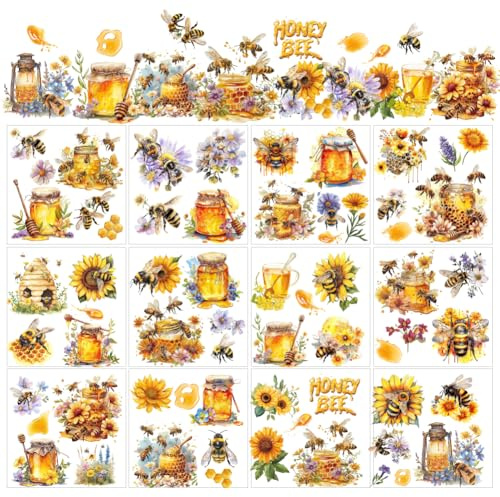 AHANDMAKER 12 Sheets Bees and Honey Rub on Transfers for Crafts, Sunflower and Honeycomb Rub on Transfer Stickers, Vintage Flower Rub on Decal Sticker for Wood Paper Furniture DIY Home Decor, 5.5x5.5