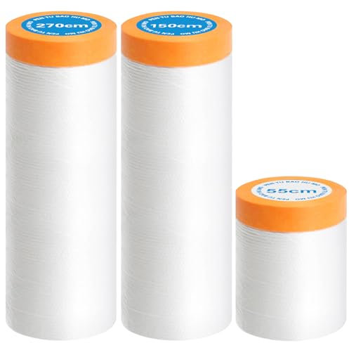 YSWOVUO 3 Rollen Abdeckfolie mit Klebeband, 55cm 150cm 270cm Klebeband mit Folie, Abdeckfolie Maler auf Rolle, Malerfolie mit Klebeband