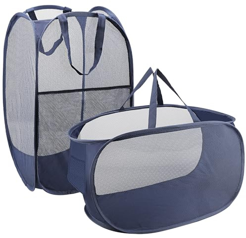 Set di 2 cesti portabiancheria pieghevoli, 2 raccoglitori portabiancheria pieghevoli, pop-up, 2 pezzi, organizer in rete pieghevole per vestiti sporchi, accessori per vestiti (blu)