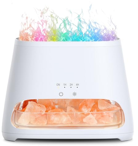 SALKING Aromadiffusor med Salt Range Pakistan-lampa, 7 färger LED-flammeffektdiffusor för eteriska oljor, ultraljuds-aromaterapifuktare, automatisk avstängning, 150 ml (RGB vit)