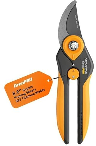 GrenPRO Bypass Pruning Shears 8.6, Heavy Duty Garden Clippers Handheld Cuts 1.38 Hardwood, Sharp SK5 Titanium Blades for Rust-Proof & Non-Stick, Ergonomic Garden Scissors for Plant Flower